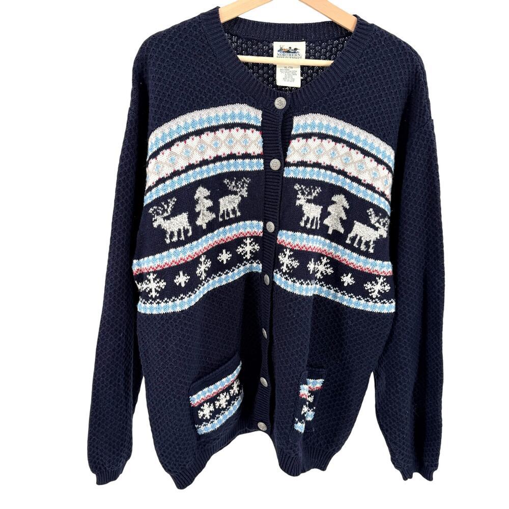 Vintage 90s Northern Reflections Navy Blue Fair Isle Reindeer Cardigan Sweater